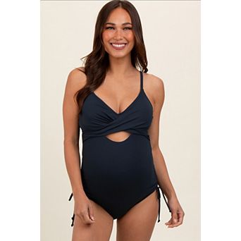 Maternity Ribbed Wrap Front Drawstring Side One-Piece Swimsuit