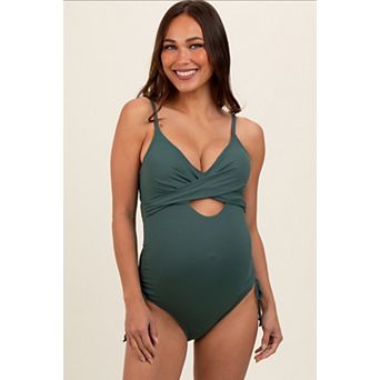 Maternity Ribbed Wrap Front Drawstring Side One-Piece Swimsuit