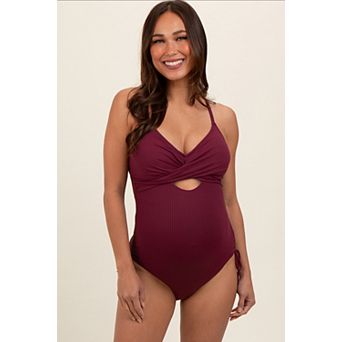 Maternity Ribbed Wrap Front Drawstring Side One-Piece Swimsuit