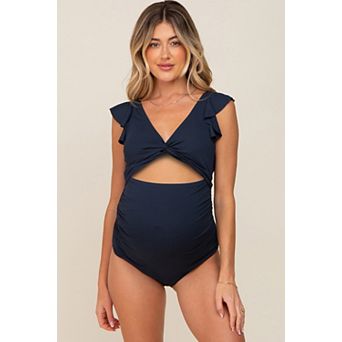 Maternity Blue Ribbed Cutout Flutter One Piece Maternity Swimsuit