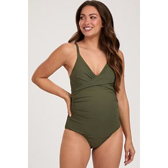 Maternity Ribbed V-Neck Ruched Back Cut-Out One Piece Swimsuit