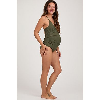 Maternity Ribbed V-Neck Ruched Back Cut-Out One Piece Swimsuit