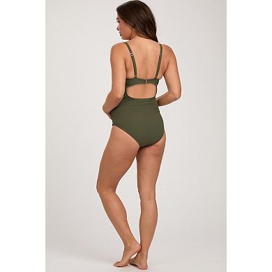 Maternity Ribbed V-Neck Ruched Back Cut-Out One Piece Swimsuit