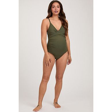 Maternity Ribbed V-Neck Ruched Back Cut-Out One Piece Swimsuit