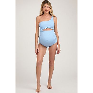 Maternity Blue Asymmetrical One Shoulder Side Cutout One-Piece Maternity Swimsuit