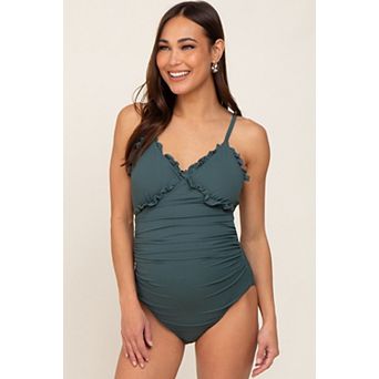 Maternity Ribbed Ruffle Ruched One Piece Swimsuit