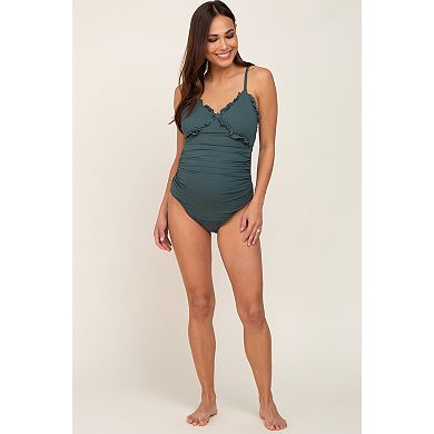Maternity Ribbed Ruffle Ruched One Piece Swimsuit