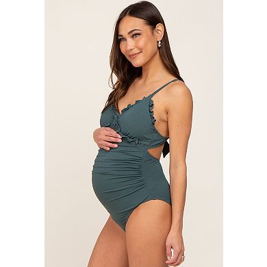 Maternity Ribbed Ruffle Ruched One Piece Swimsuit