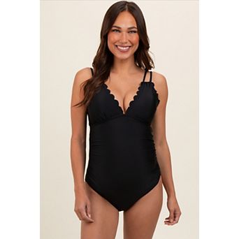 Maternity Scalloped V-Neck Back Tie Cutout Maternity One Piece Swimsuit