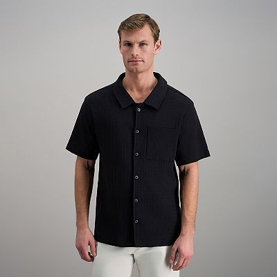 haggar short sleeve dress shirts Haggar Men's Short Sleeve Knit Jacquard Button Down Casual Shirt, Black, 2XL, Cotton
