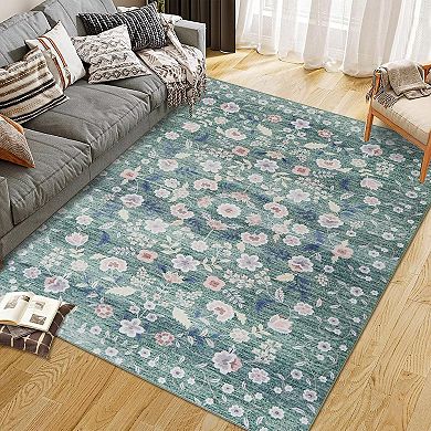 Boho Floral Runner Rug, Machine Washable Low Pile Non Slip for Hallway Kitchen Entryway