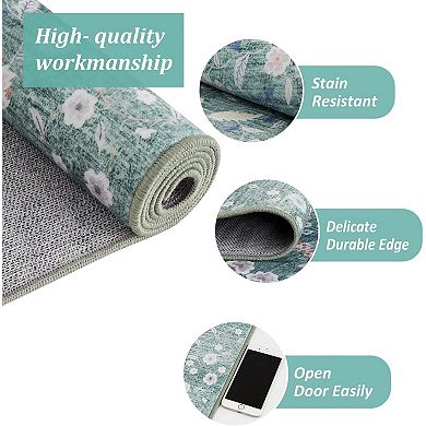 Boho Floral Runner Rug, Machine Washable Low Pile Non Slip for Hallway Kitchen Entryway