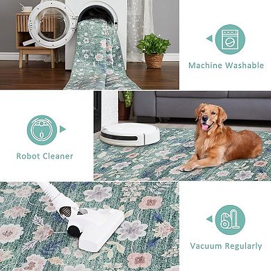 Boho Floral Runner Rug, Machine Washable Low Pile Non Slip for Hallway Kitchen Entryway