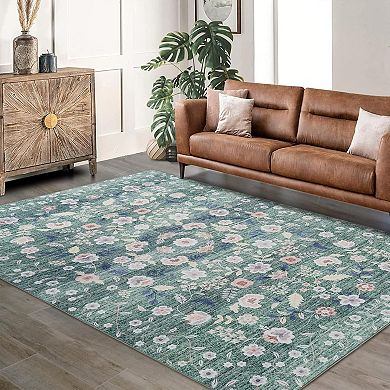 Boho Floral Runner Rug, Machine Washable Low Pile Non Slip for Hallway Kitchen Entryway