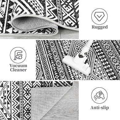 Boho Floral Runner Rug, Machine Washable Low Pile Non Slip for Hallway Kitchen Entryway