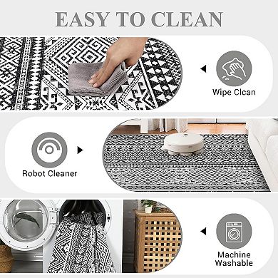 Boho Floral Runner Rug, Machine Washable Low Pile Non Slip for Hallway Kitchen Entryway