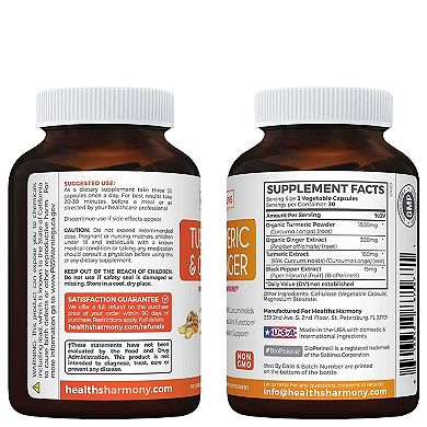 Healths Harmony Turmeric & Ginger with Bioperine — 95% Curcuminoids, Vegetarian Capsules