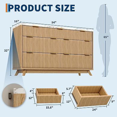 Fluted 7-Drawer Dresser with Curved Profile, 54" Modern Wood Storage Cabinet
