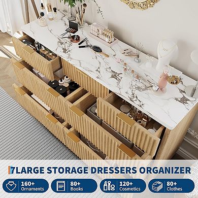 Fluted 7-Drawer Dresser with Curved Profile, 54" Modern Wood Storage Cabinet