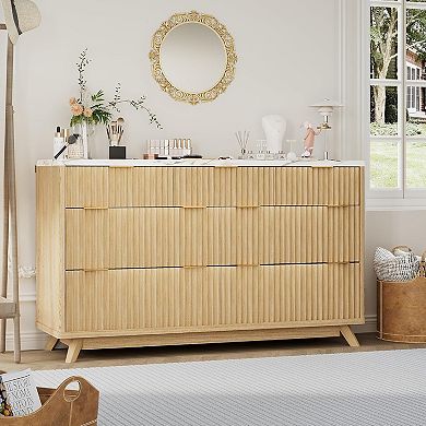 Fluted 7-Drawer Dresser with Curved Profile, 54" Modern Wood Storage Cabinet
