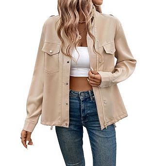 Women Casual Stand Neck Long Sleeve Button Zipper Jacket With Front Pockets