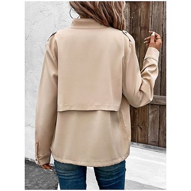 Women Casual Stand Neck Long Sleeve Button Zipper Jacket With Front Pockets