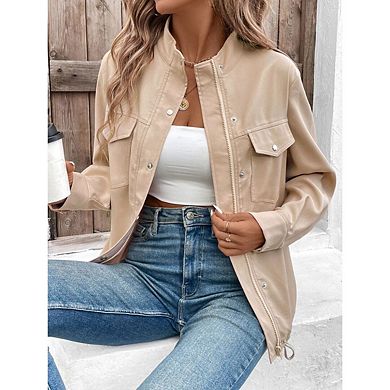 Women Casual Stand Neck Long Sleeve Button Zipper Jacket With Front Pockets