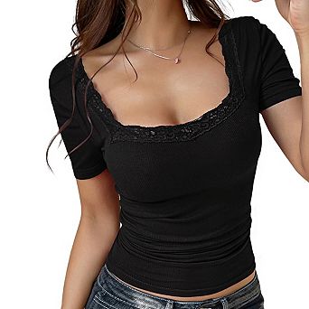 Women's Sweetheart Square Neck Short Sleeve Lace Trim Ribbed Fitted Crop Top