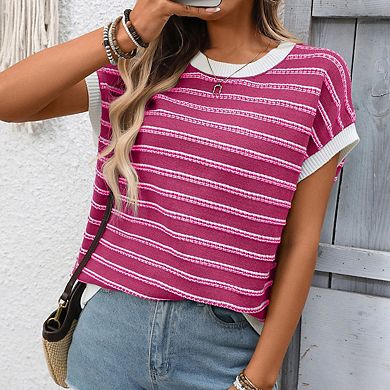Women's Crew Neck Short Sleeve Textured Stripe Knit Top