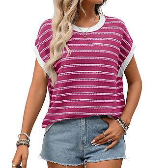 Women's Crew Neck Short Sleeve Textured Stripe Knit Top