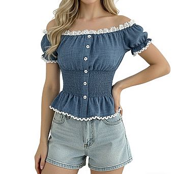 Women's Off The Shoulder Puff Short Sleeve Lace Trim Button Front Smocked Waist Peplum Top