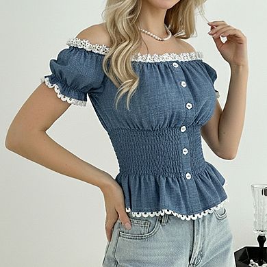 Women's Off The Shoulder Puff Short Sleeve Lace Trim Button Front Smocked Waist Peplum Top