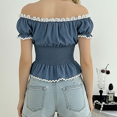 Women's Off The Shoulder Puff Short Sleeve Lace Trim Button Front Smocked Waist Peplum Top