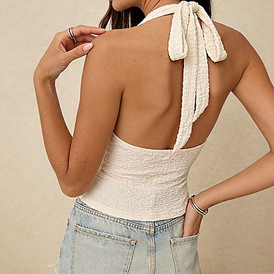 Women's Halter Neck Deep V Textured Knit Button Front Cropped Top