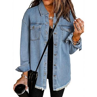 Women Casual Fashion Lapel Long Sleeve Buttons Turned-Up Denim Jacket With Front Fake Pockets