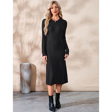Women Pullover Sweaters Pleated Dress Long Sleeve Casual Round Neck Fall Midi Dresses