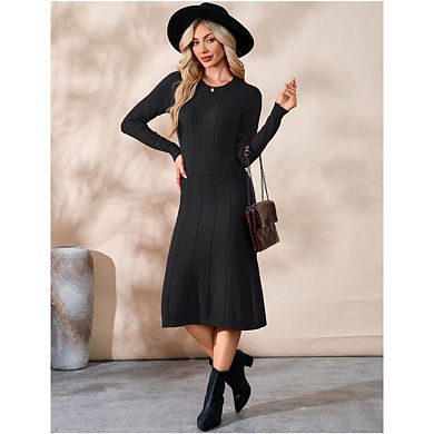 Women Pullover Sweaters Pleated Dress Long Sleeve Casual Round Neck Fall Midi Dresses