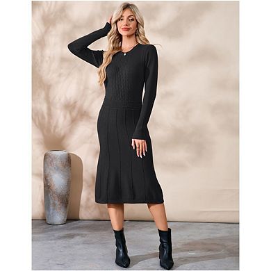 Women Pullover Sweaters Pleated Dress Long Sleeve Casual Round Neck Fall Midi Dresses