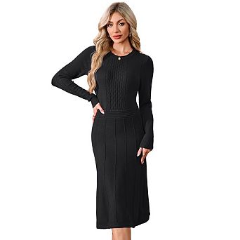 Women Pullover Sweaters Pleated Dress Long Sleeve Casual Round Neck Fall Midi Dresses