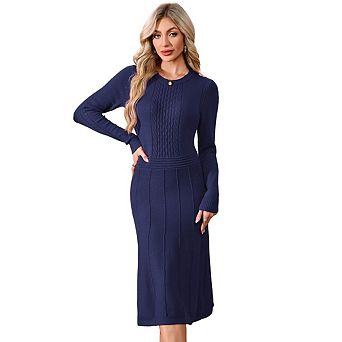 Women Pullover Sweaters Pleated Dress Long Sleeve Casual Round Neck Fall Midi Dresses