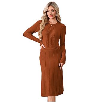 Women Pullover Sweaters Pleated Dress Long Sleeve Casual Round Neck Fall Midi Dresses