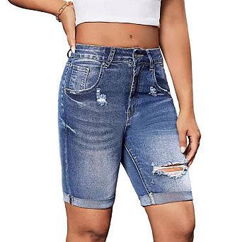 Women's High Waist Distressed Rolled Cuff Denim Bermuda Shorts with Classic Pocket