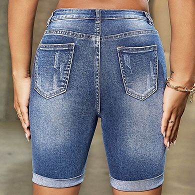 Women's High Waist Distressed Rolled Cuff Denim Bermuda Shorts with Classic Pocket