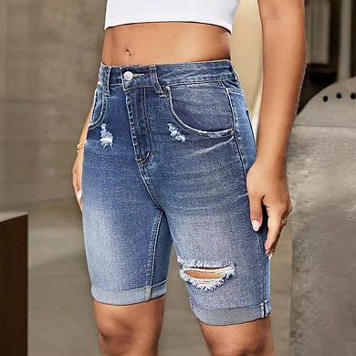 Women's High Waist Distressed Rolled Cuff Denim Bermuda Shorts with Classic Pocket