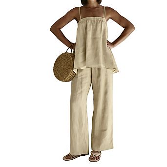 Women's Spaghetti Strap Straight Neck Layered Linen Top High Waist Wide Leg Pant Set