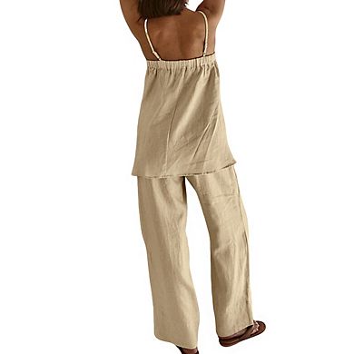 Women's Spaghetti Strap Straight Neck Layered Linen Top High Waist Wide Leg Pant Set