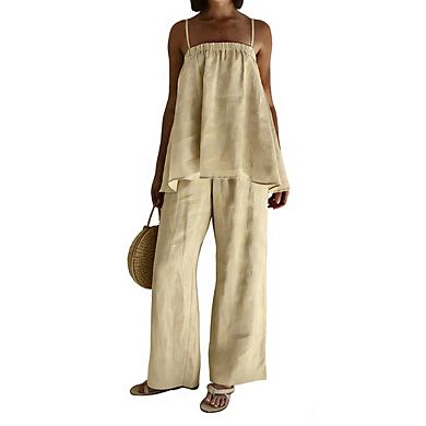 Women's Spaghetti Strap Straight Neck Layered Linen Top High Waist Wide Leg Pant Set