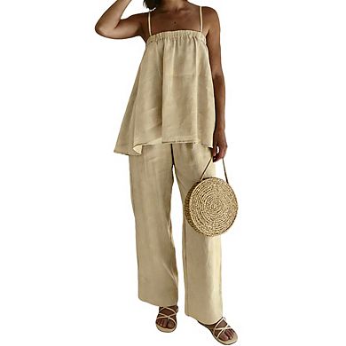 Women's Spaghetti Strap Straight Neck Layered Linen Top High Waist Wide Leg Pant Set