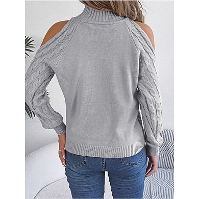 Women Turtleneck Sweaters Stylish Cold Shoulder Pullover Casual Long Sleeve Cable Knitted Tops