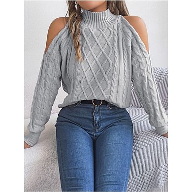 Women Turtleneck Sweaters Stylish Cold Shoulder Pullover Casual Long Sleeve Cable Knitted Tops